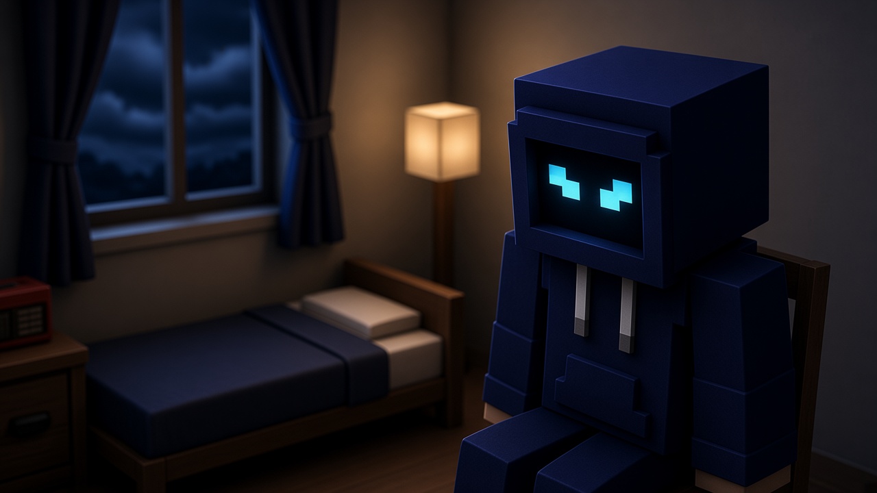 portrait of Snitch in his hoodie, cyan eyes glowing